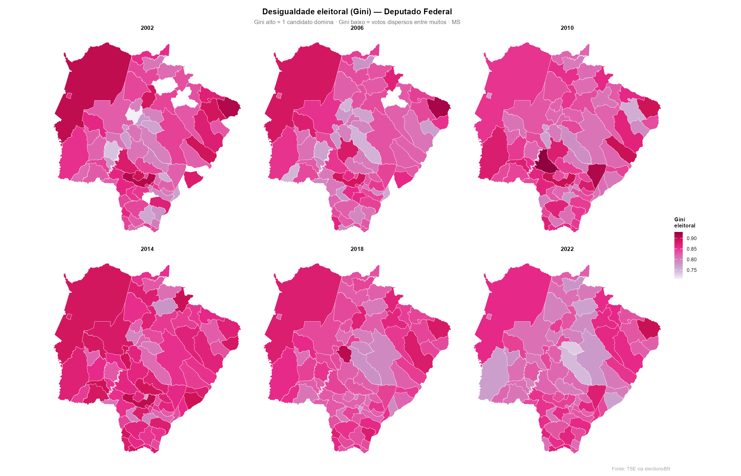 Desigualdade eleitoral (Gini) — Deputado Federal em MS, 2002–2022