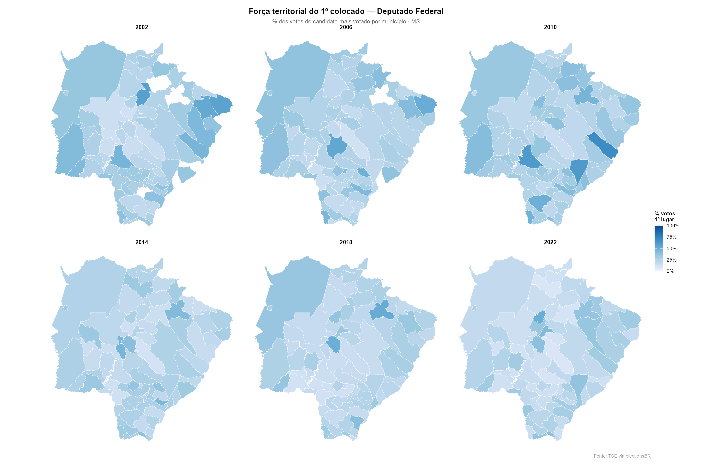 Força territorial do 1º colocado — Deputado Federal em MS, 2002–2022