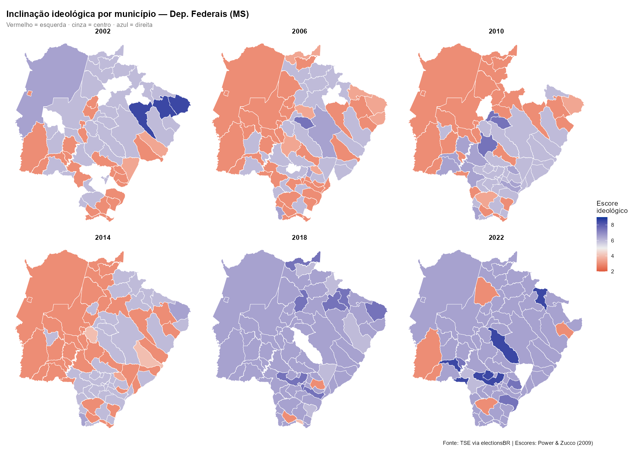 Inclinação ideológica por município — Dep. Federais MS (2002–2022)